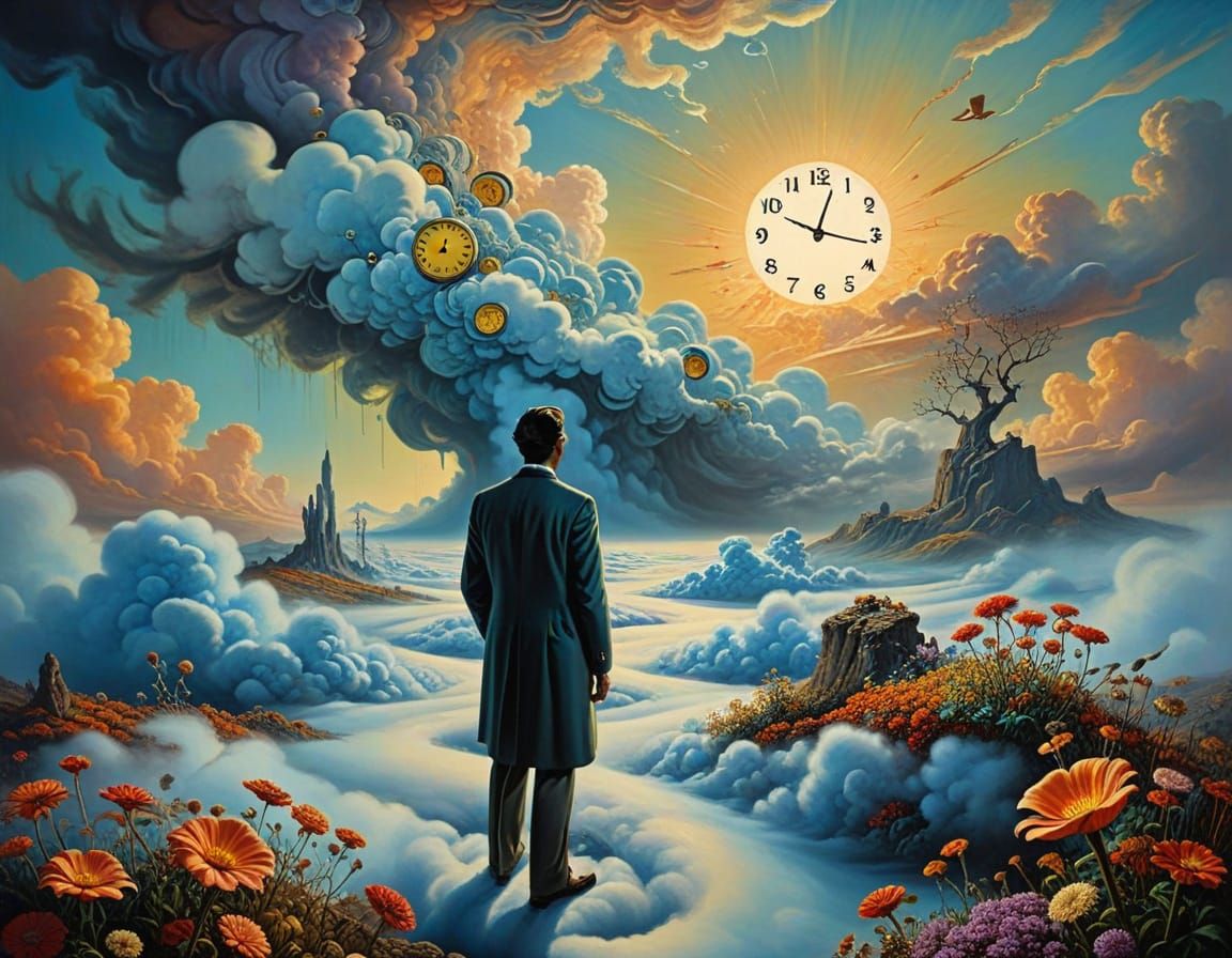 Surrealistic Dreamer Surrounded by Melting Clocks and Bloomi...