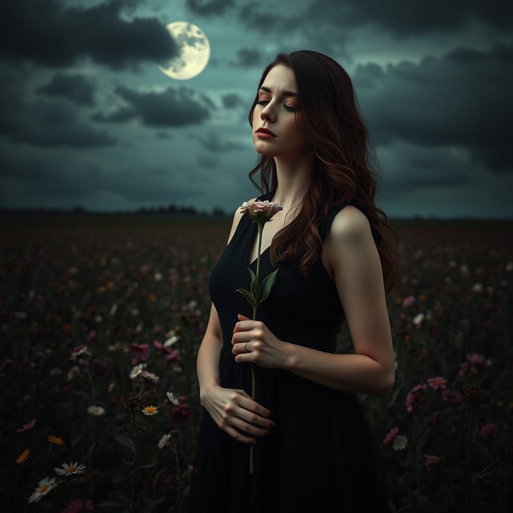 A Grieving Woman in a Moonlit Floral Field