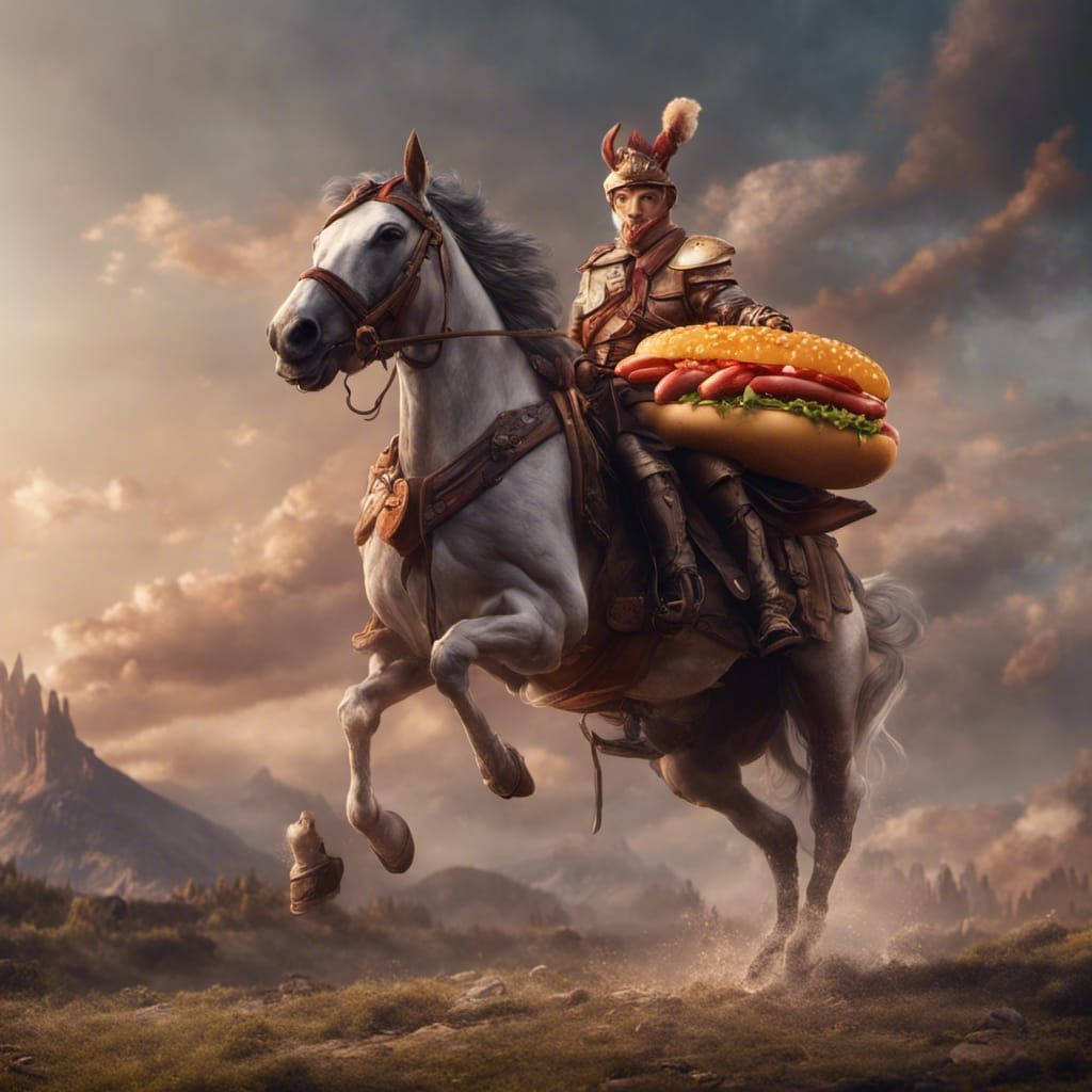Hot Dog Rides Horse in Detailed Fantasy Art