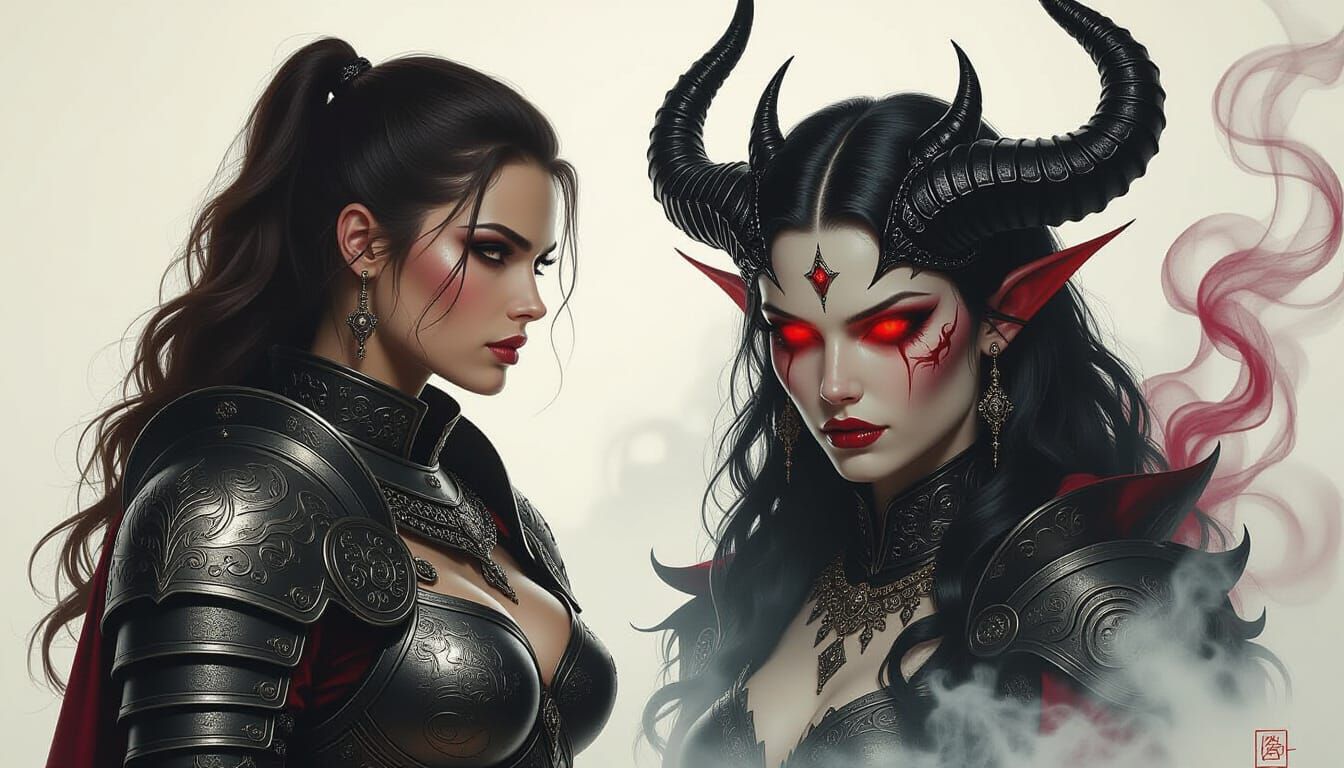 Female Warrior Devil Hybrid Portrait in Dark Fantasy Style