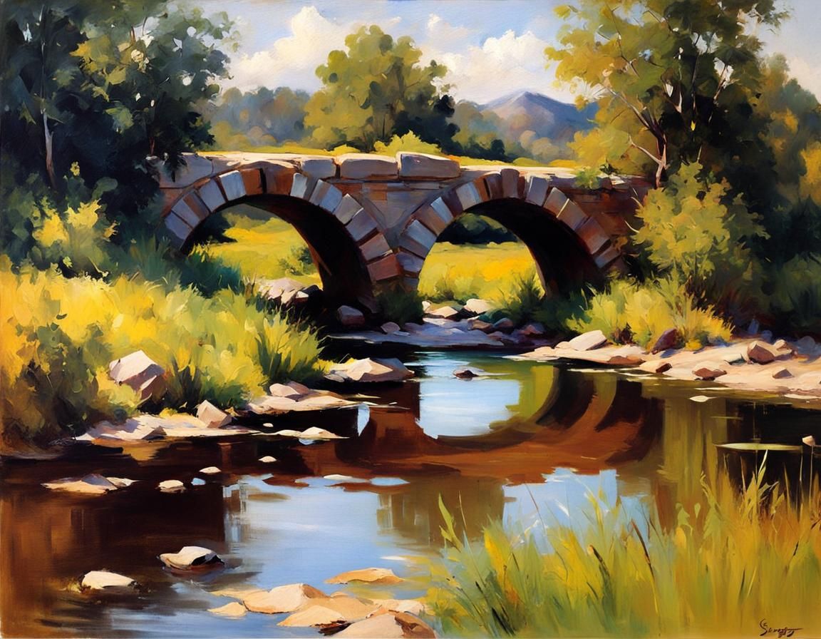 Old Bridge Landscape in Oil Painting Style