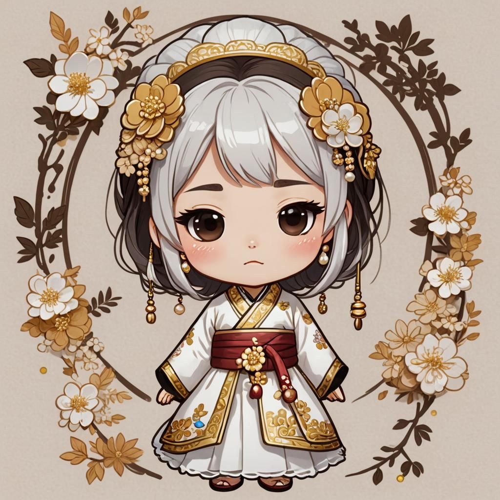 Chibi Lady in Traditional Korean Dress, Cel-Shaded