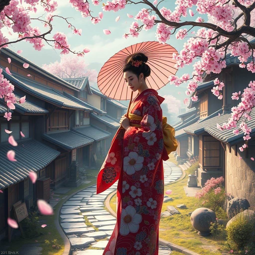 Samurai Village in Cherry Blossom Season, Digital Matte Pain...