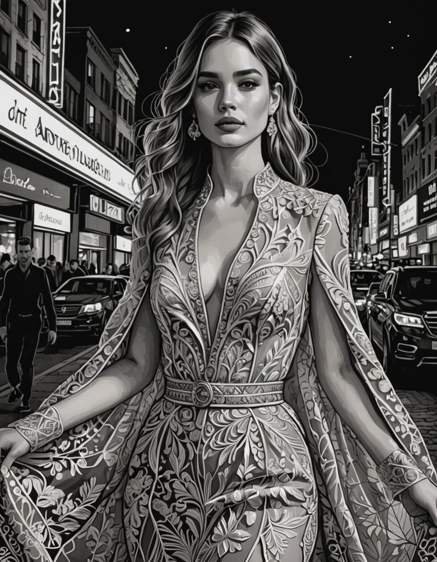 Elegant Line Art of Young Woman in Outfit