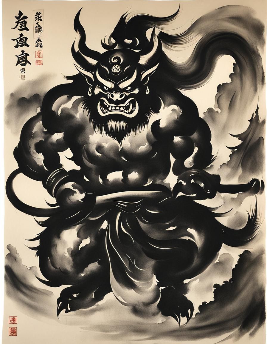 sumi-e ink painting on rice paper of an oni demon