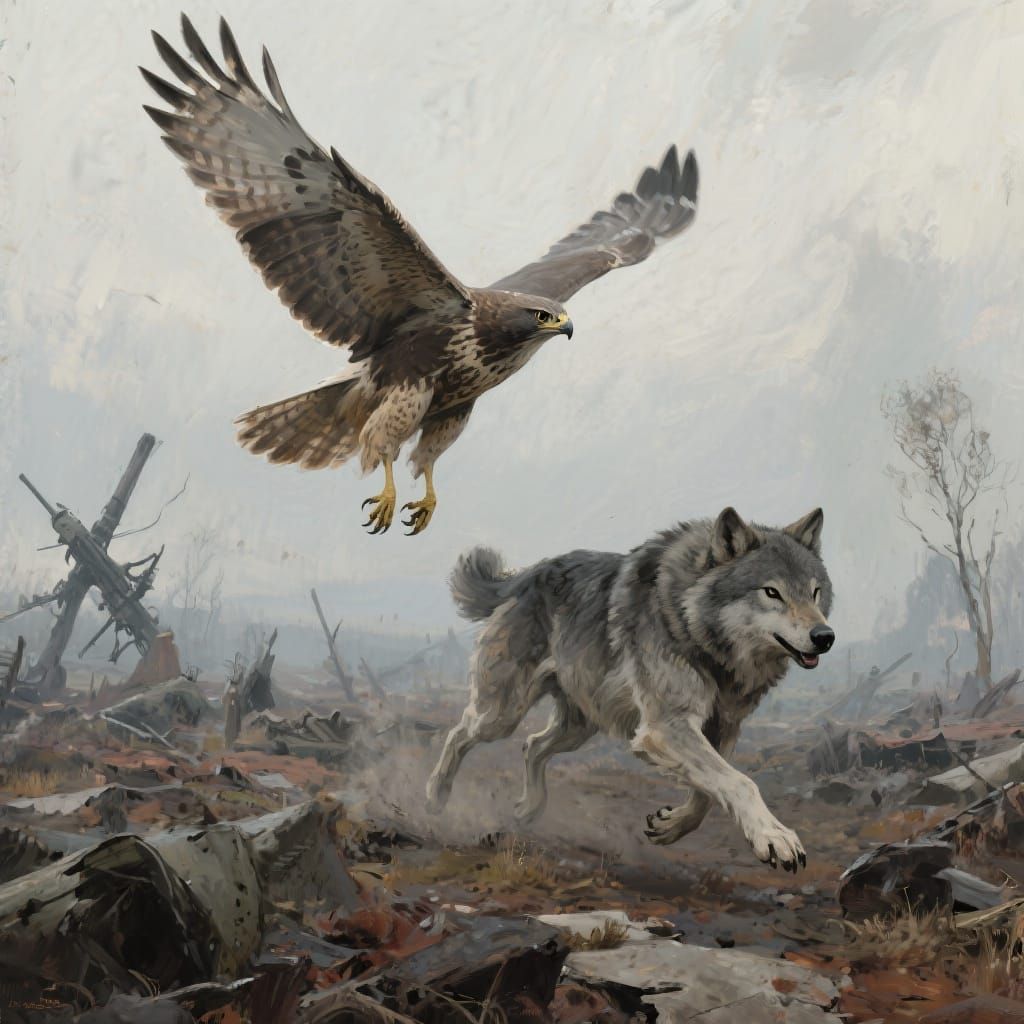 Hawk and Wolf on Battlefield, in Oil Painting Style