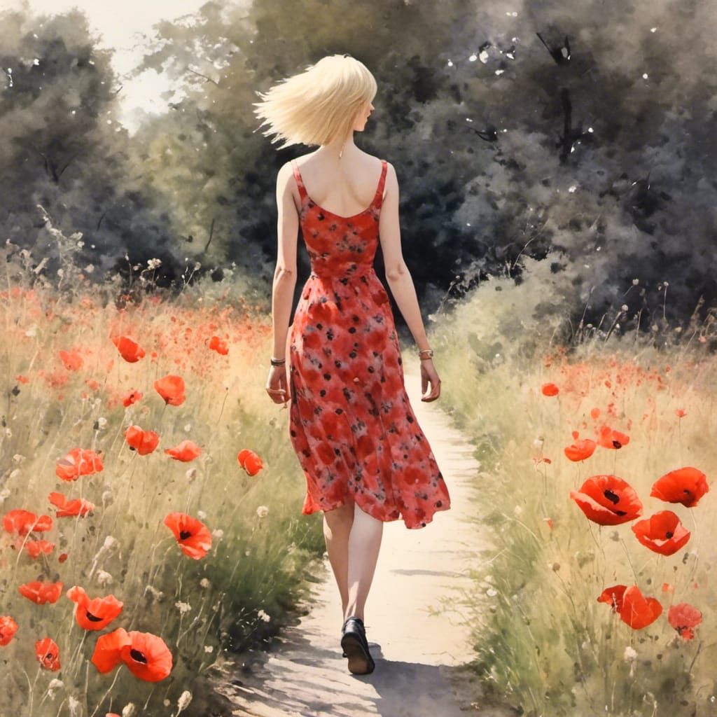 Blonde Woman in Poppy Dress, Sketch Art