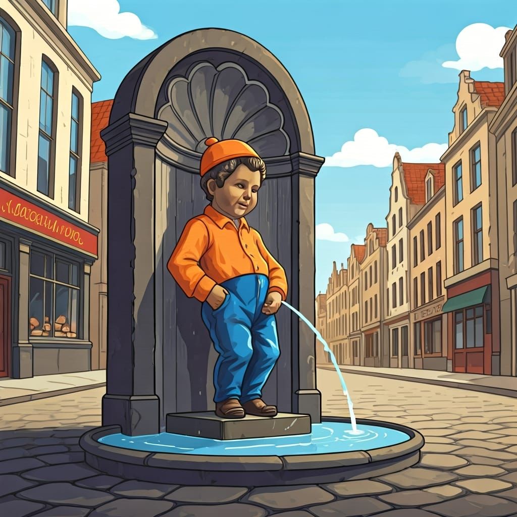 Manneken Pis in Cartoon Style Cityscape