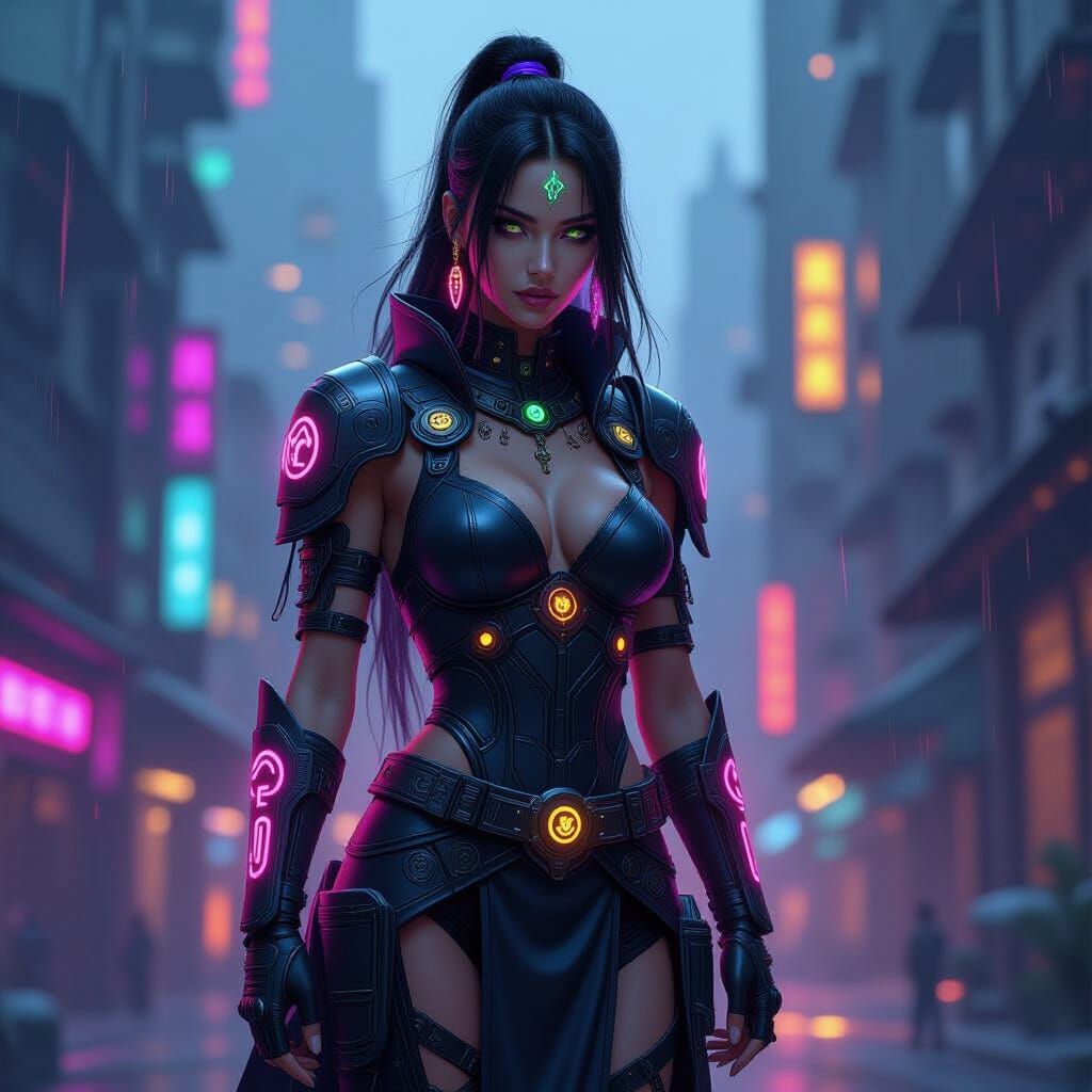 Isis as Cyberpunk Sorceress in a Futuristic Cityscape
