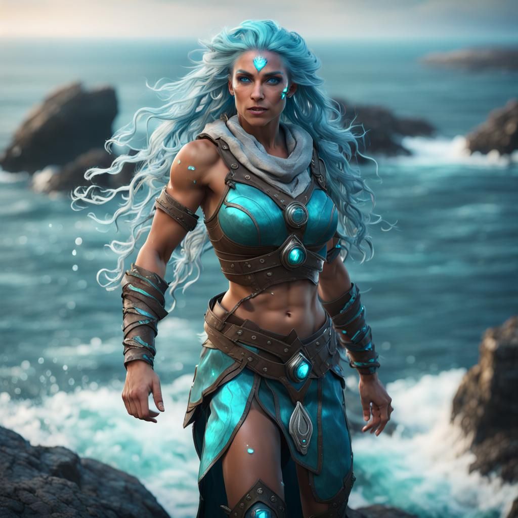 Water Genasi Druid on Rocky Shoreline in 3D