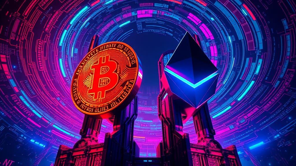 Bitcoin and Ethereum Crypto Titans Sculpture