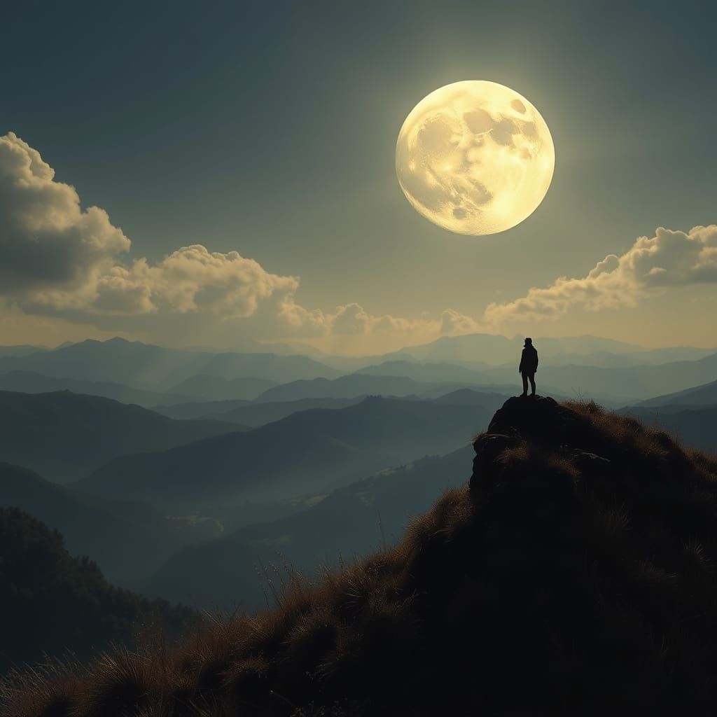 Silhouette Gazing at Moon: Romantic Landscape Painting