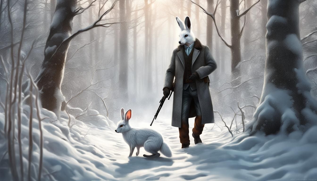 Silver Fox Hunting Rabbit in Winter Forest