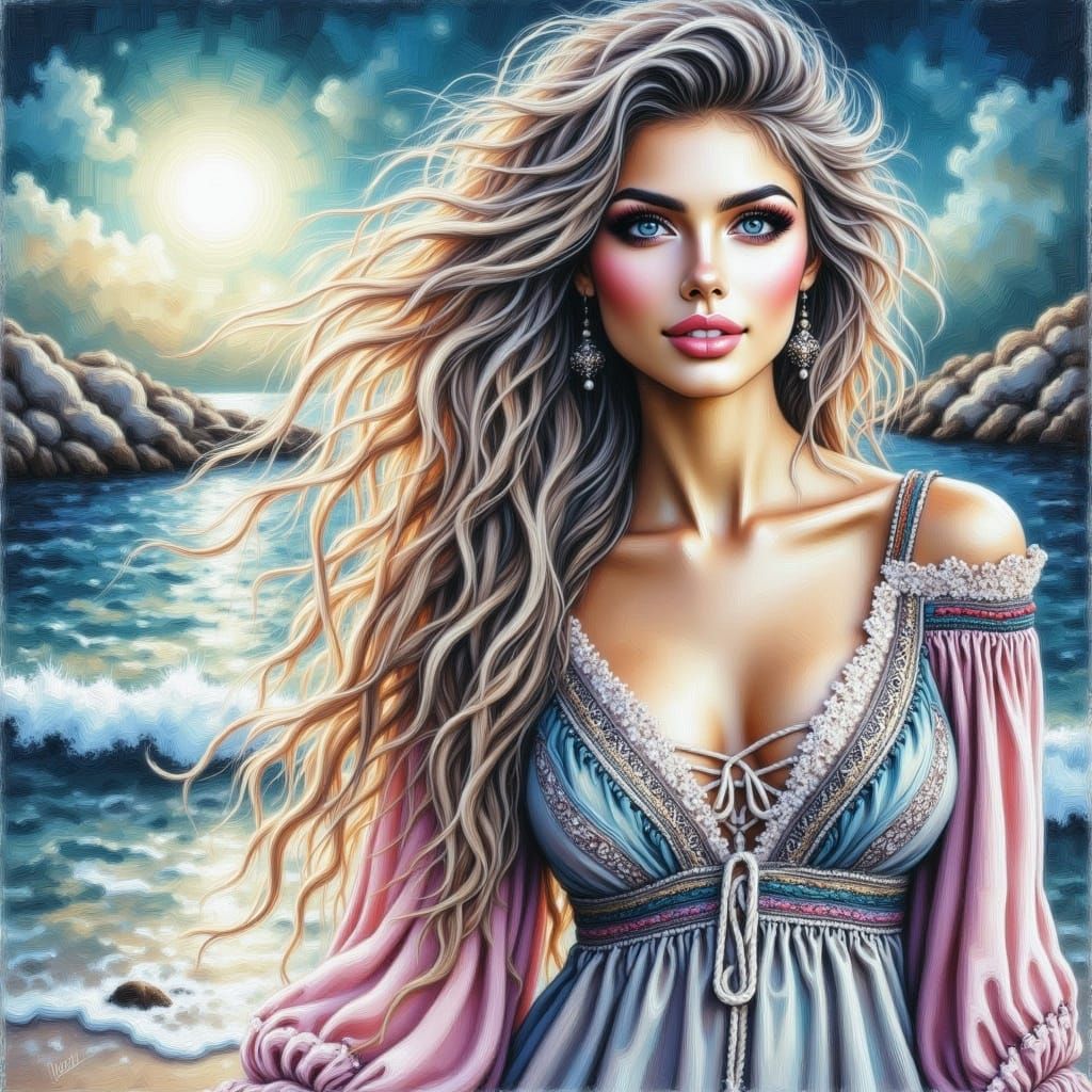 Woman by the Ocean on a Full Moon Night