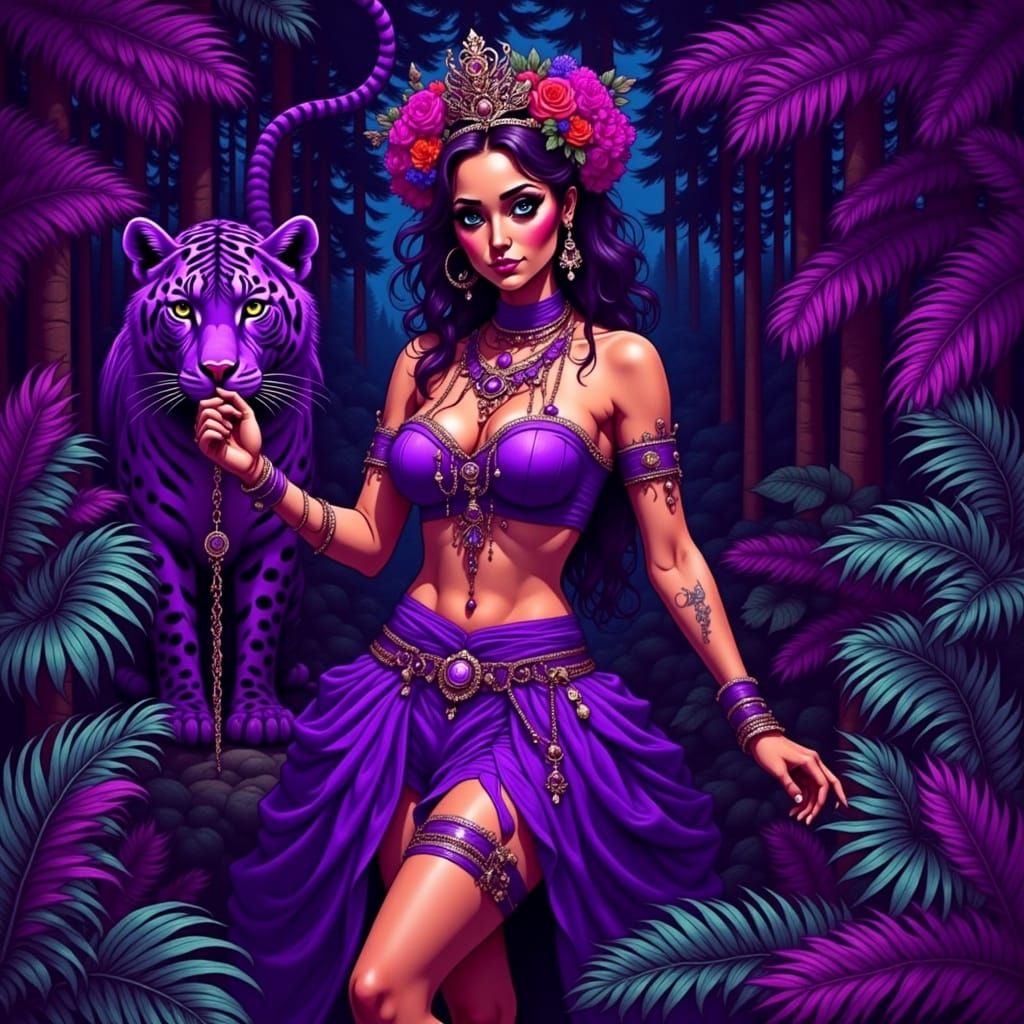 Purple Jungle Princess with Leopard, Neon Lighting