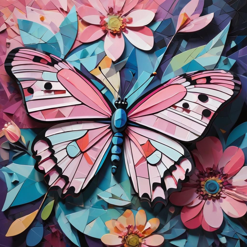 Pink Butterfly in Cubist Style with Splash Art Colors
