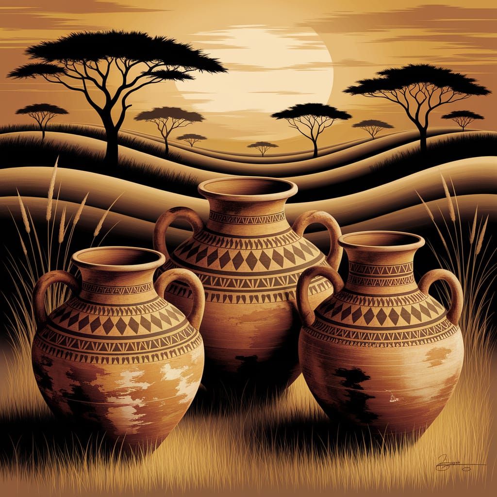 African Clay Pots in Folk Art Style