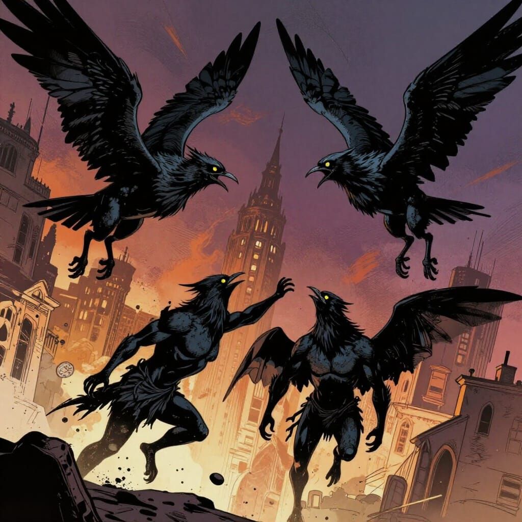 Three Harpies Attack City in Dynamic Graphic Novel Style
