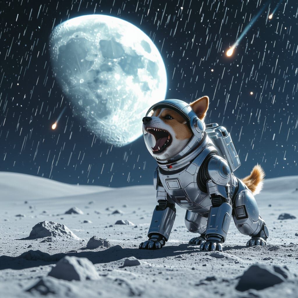 Robot Dog Barking on Moon in Hyperrealistic Style