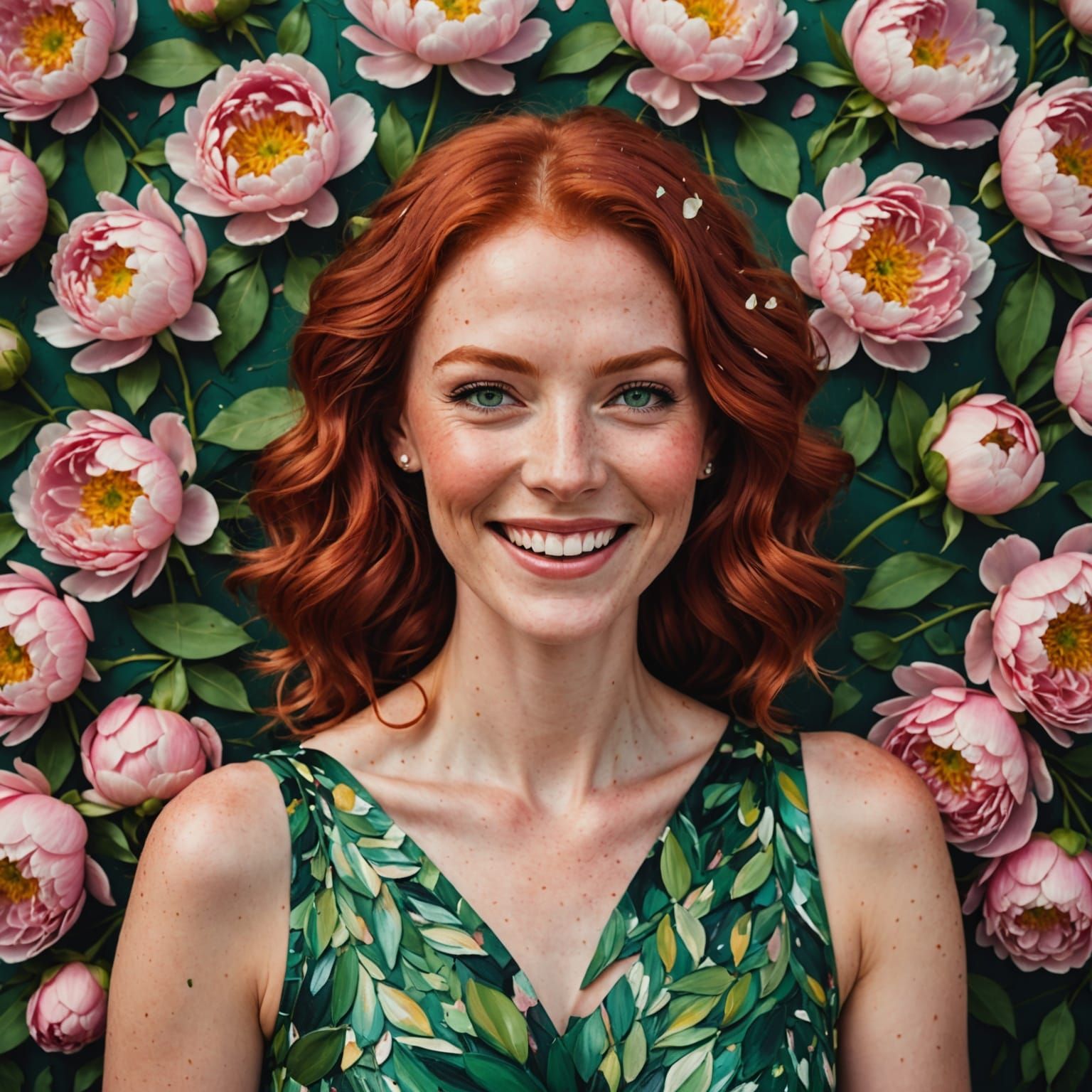 Red Haired Woman Posing in Peony Petals as Impasto Painting