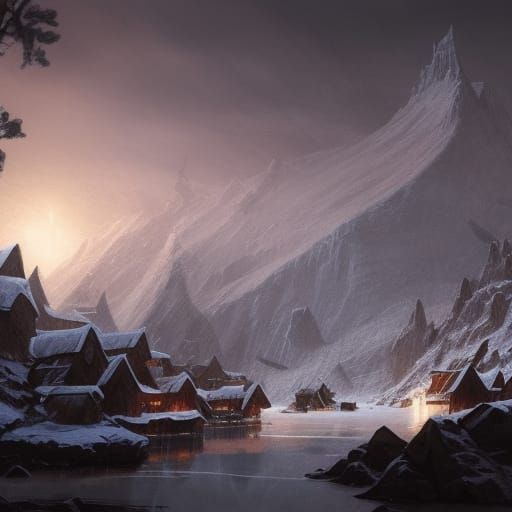 Norse Viking Village in Winter Landscape