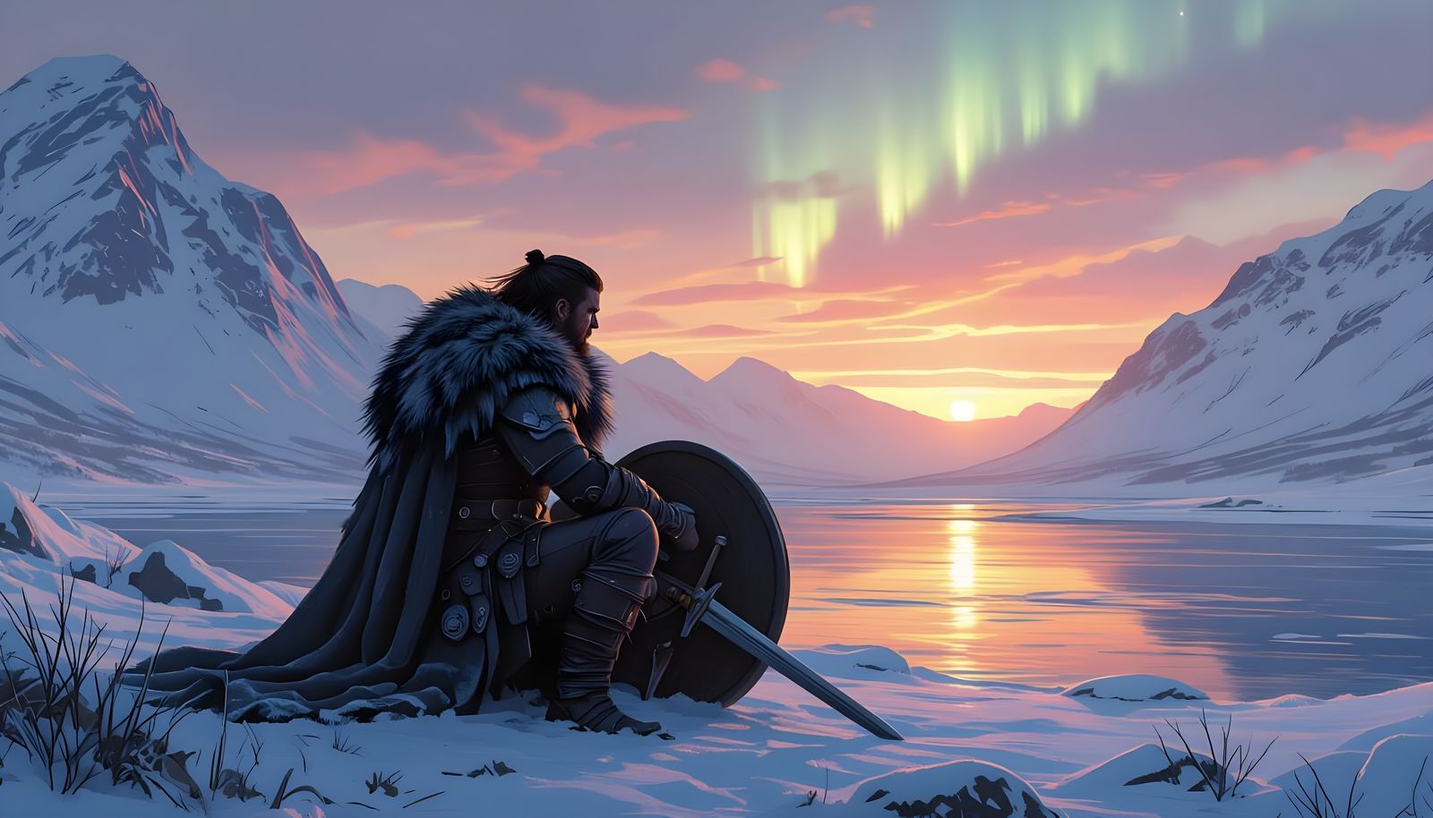 Nordic Warrior at Fjord Sunset: Digital Painting