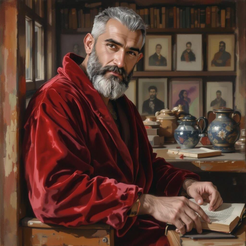 Joyful Man in Red Velvet Robe as Neo-Impressionist Oil Paint...