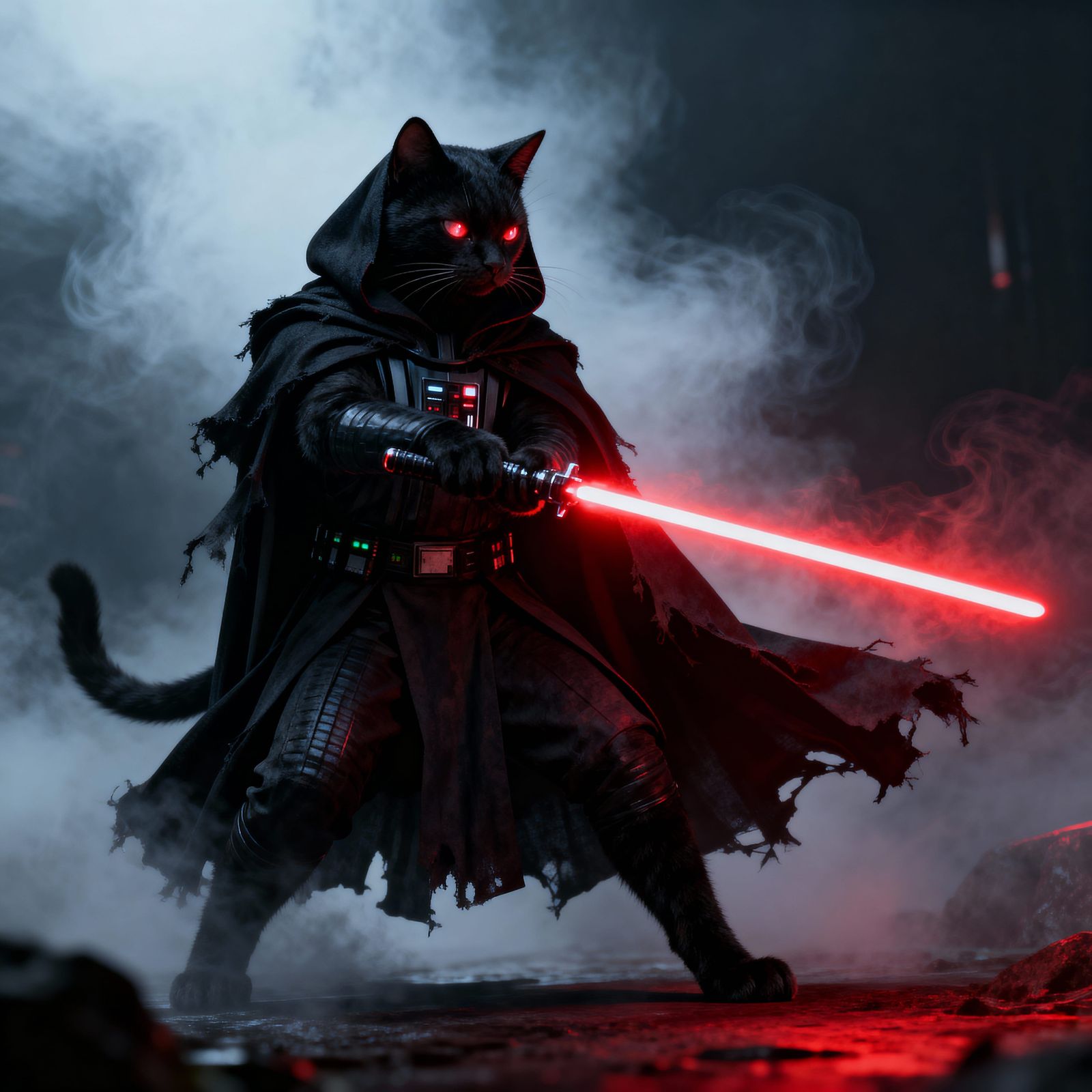 Anthropomorphic Sith Cat Warrior with Glowing Lightsaber