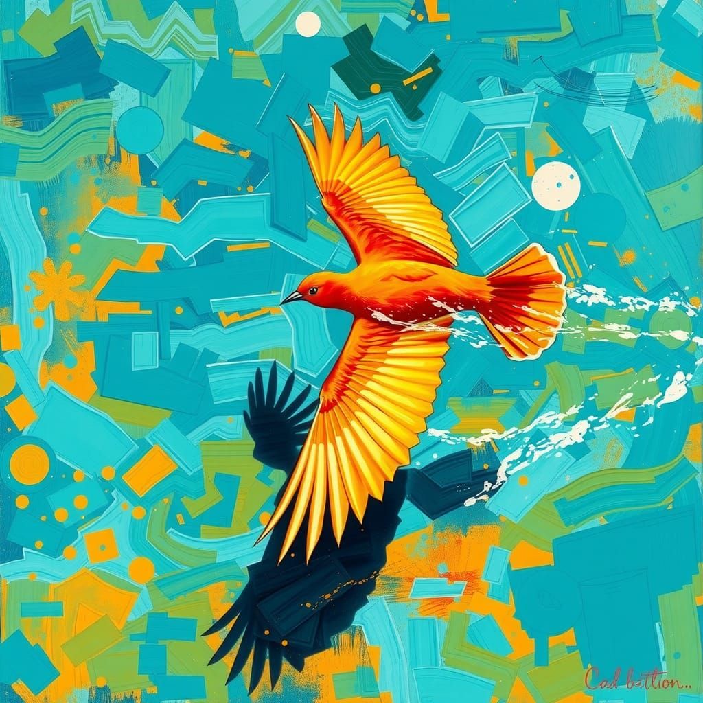 Orange Bird Glides on Turquoise Water as Impasto Painting