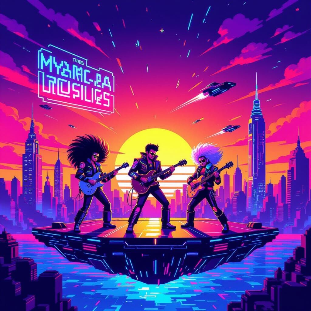 Pixel Art Musicians Perform at Neon Synthwave Sunset