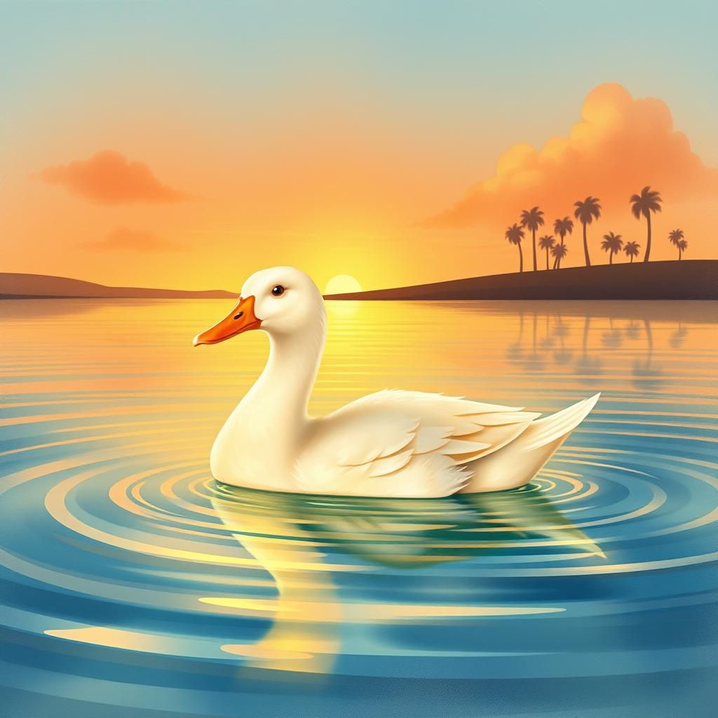 Serene Duck in Sunset: Dreamy Watercolor Illustration