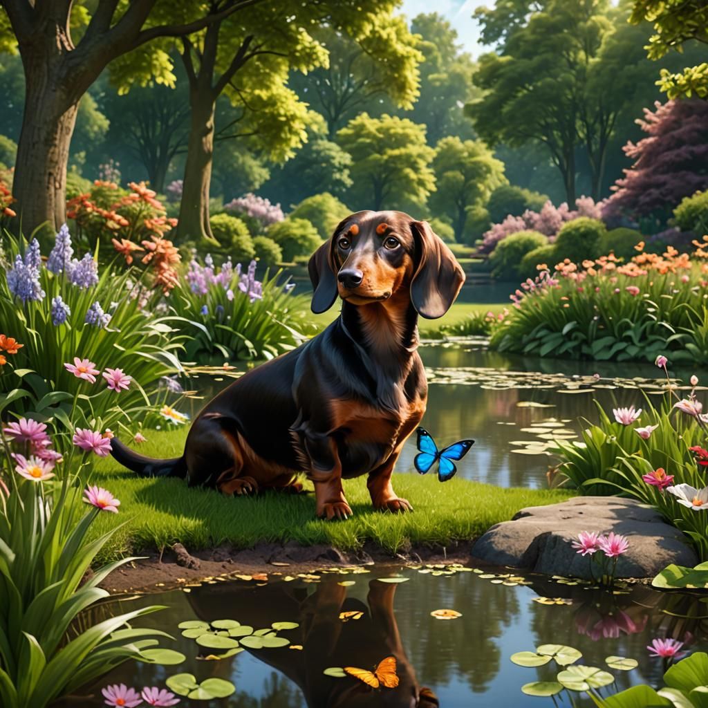 Dachshund in Park with Flowers and Butterflies