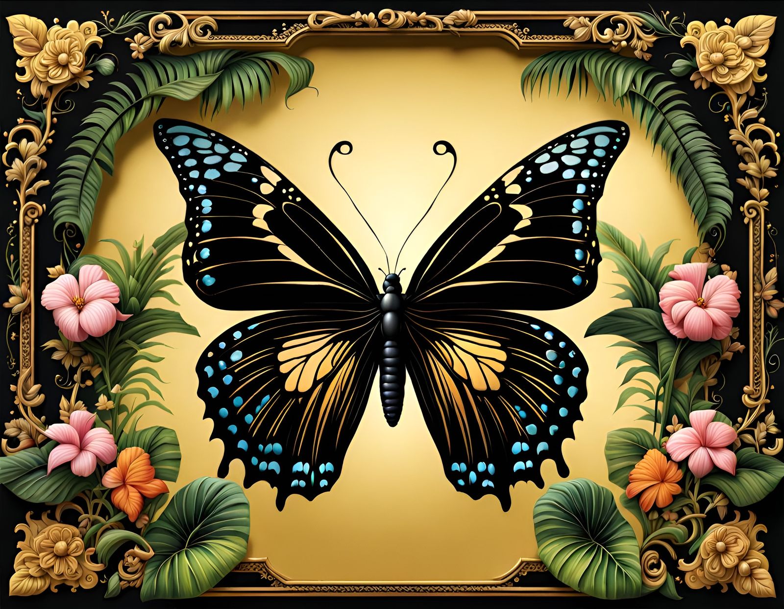 Black Butterfly in Baroque Style Fantasy Landscape
