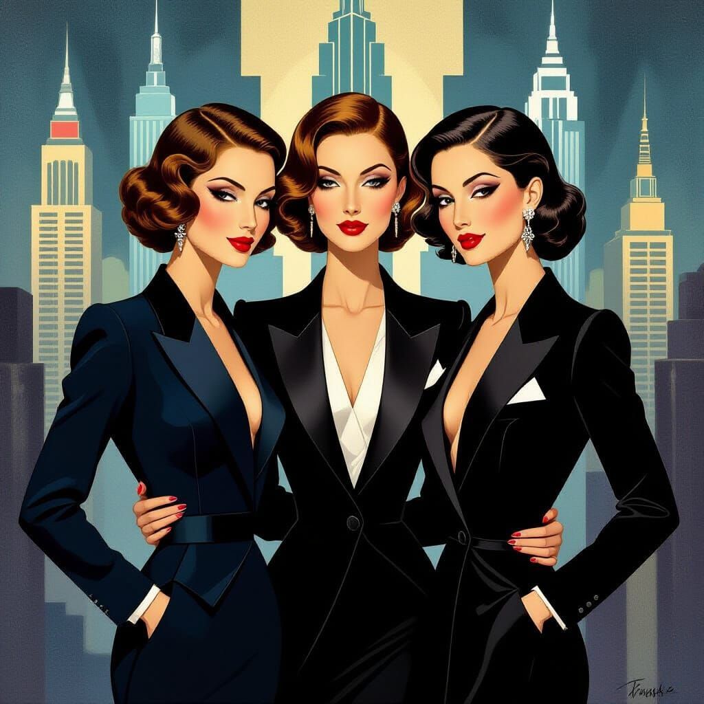Elegant Women in Art Deco Cityscape