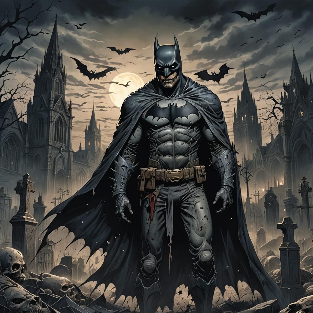 Zombie Batman in Dark Gothic Graveyard Illustration