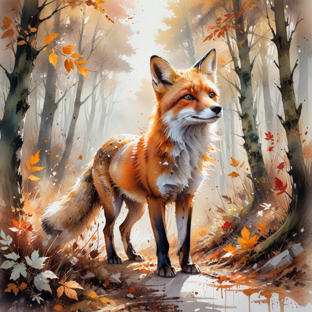 Fox on Sunlit Autumn Path in Watercolour Style