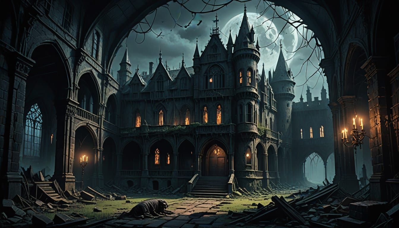 Gothic Castle Haunted by Dark Figures in Moonlit Shadows