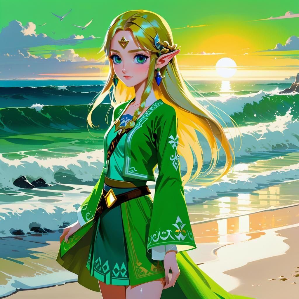 Princess Zelda at the Beach, Manga Style Painting