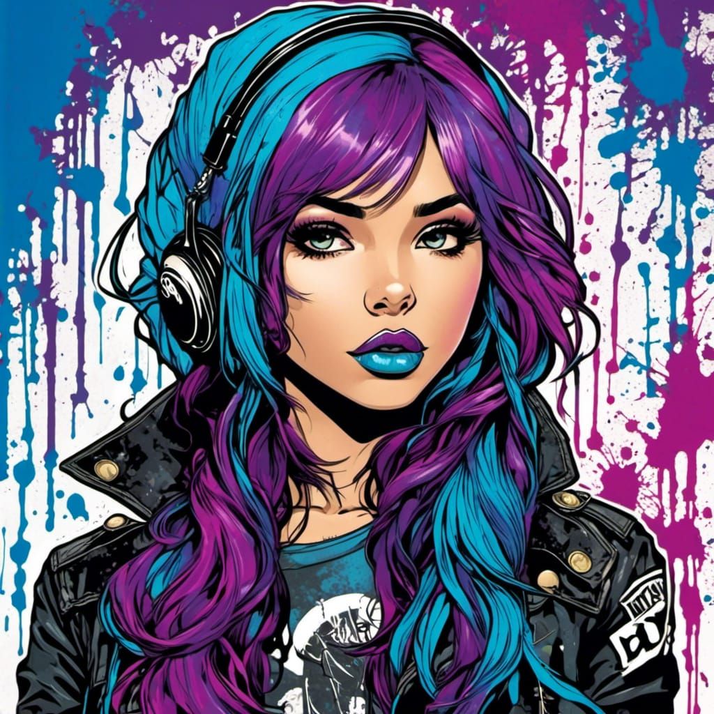 Cute Rockstar Girl with Blue and Purple Hair