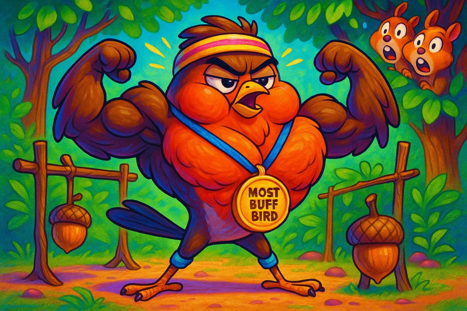 Cartoon Robin Rockstar Flexing in Forest Gym