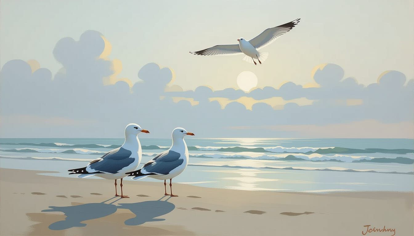 Seagulls on Beach at Dawn, Mixed Media Style