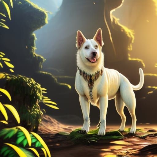 White Warrior Dog in Jungle, Detailed Matte Painting