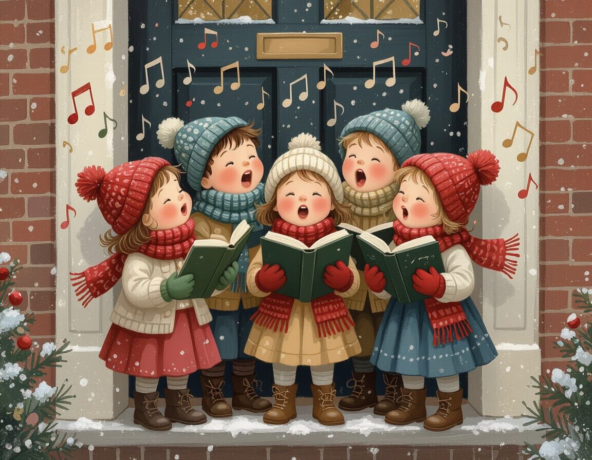 Victorian Children Singing Christmas Carols on Doorstep