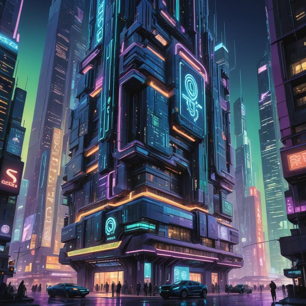 Futuristic QR Code Building in Neon Cityscape