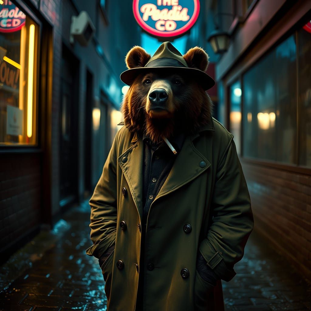 Bear Detective in Rainy Alleyway