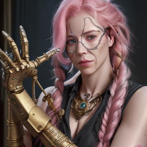 Artificer Woman Repairs Mechanism with Prosthetic Arm
