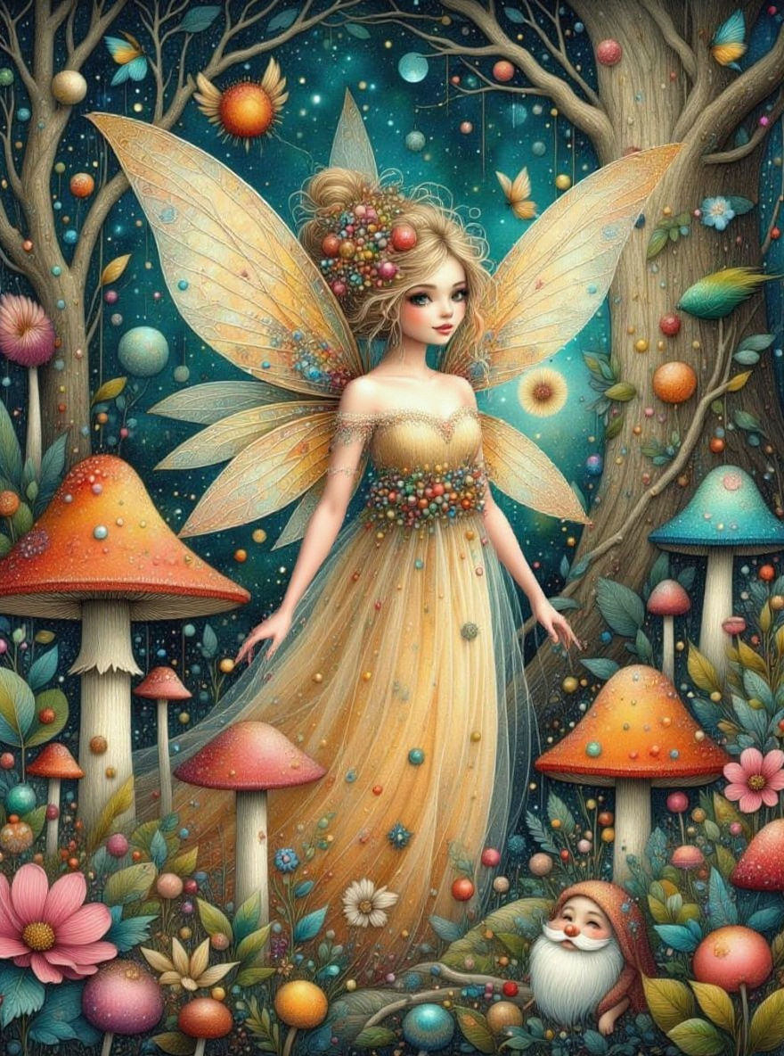 Whimsical Fairy with Gnomes in Conte Crayon Style
