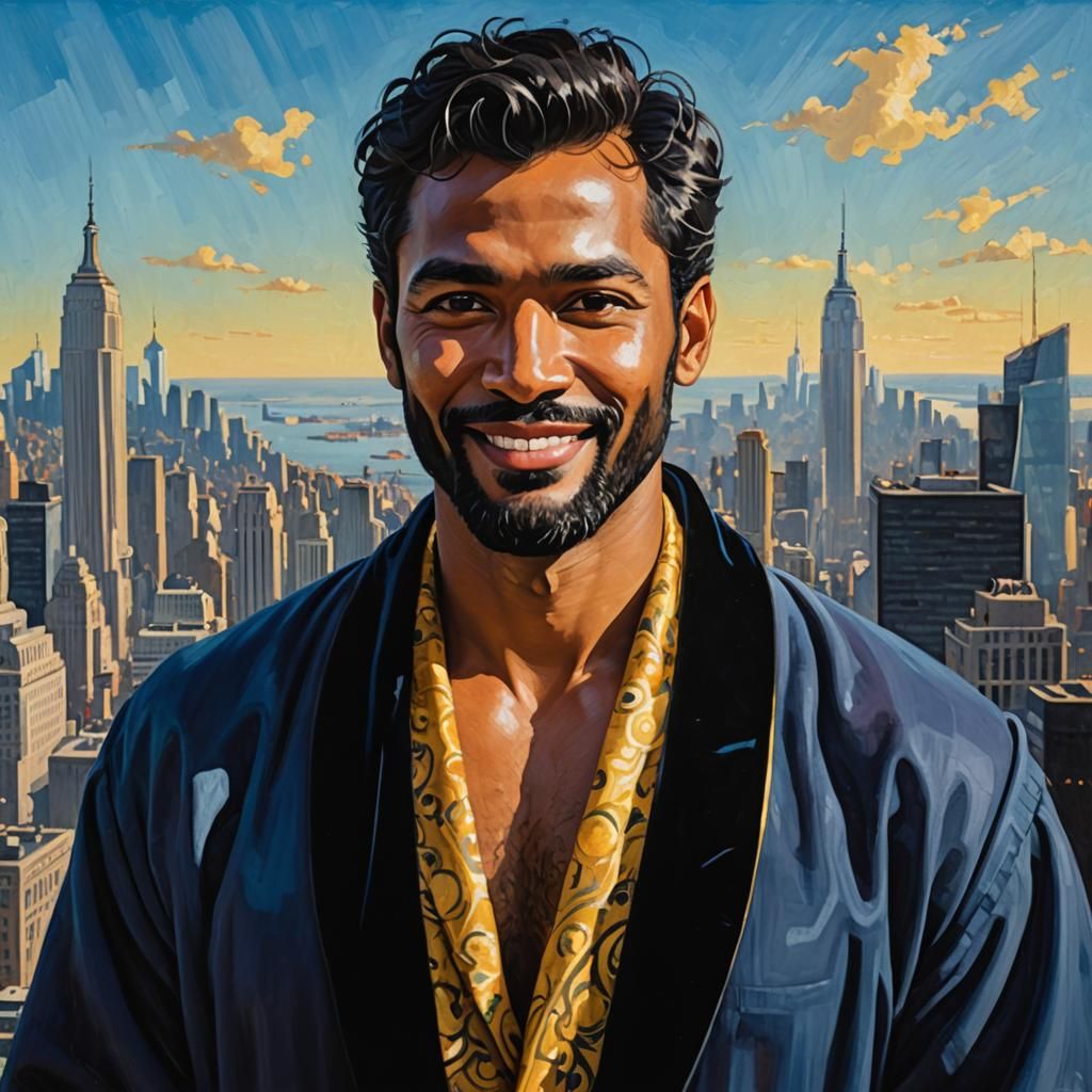 Expressionist Portrait in Velvet Bathrobe with Cityscape