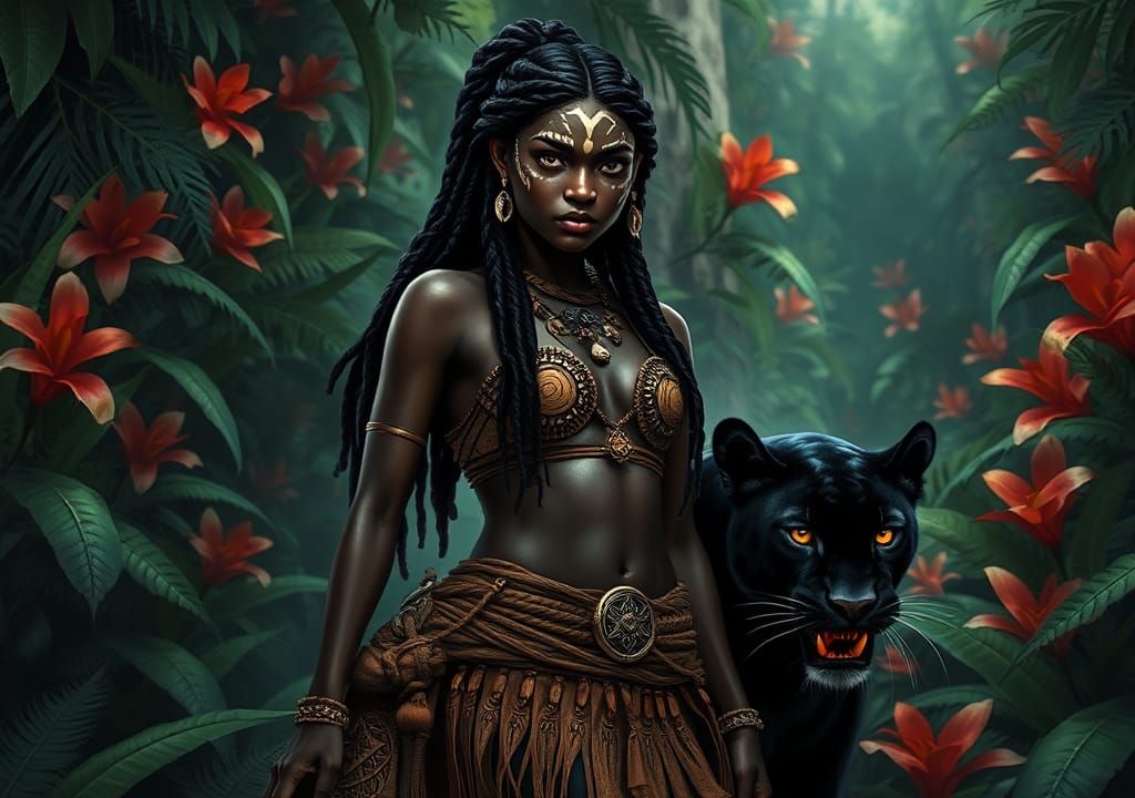 Huntress and Jaguar in Lush Forest