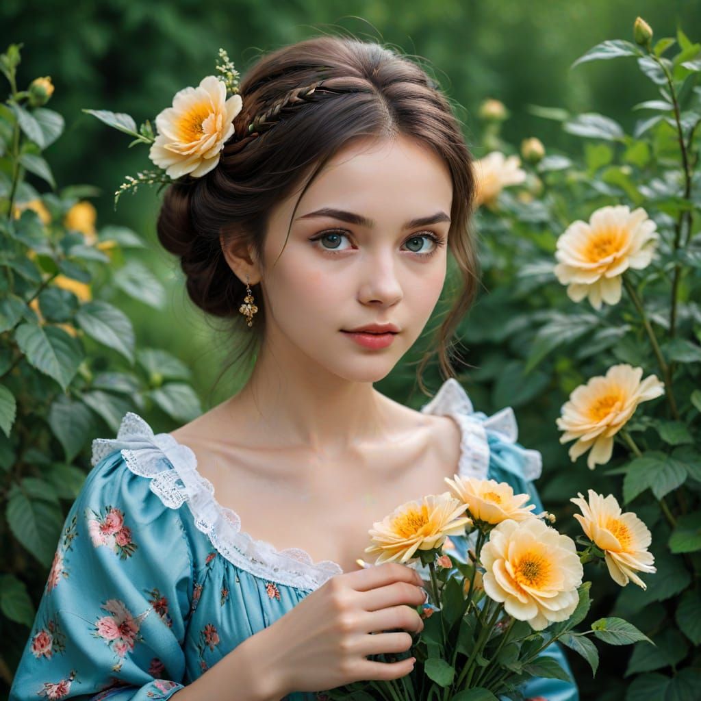Woman in Purple Dress Holding Blue Rose